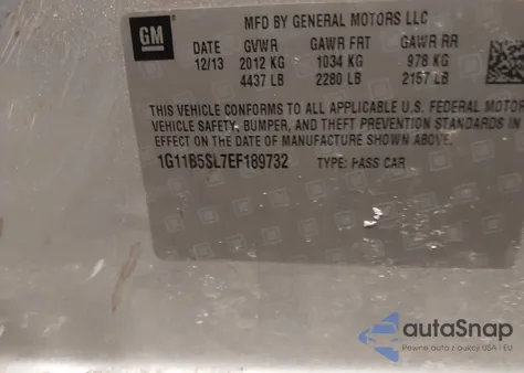 2014 Chevrolet Malibu 1Ls z USA, uszkodzony, nr VIN 1G11B5SL7EF189732